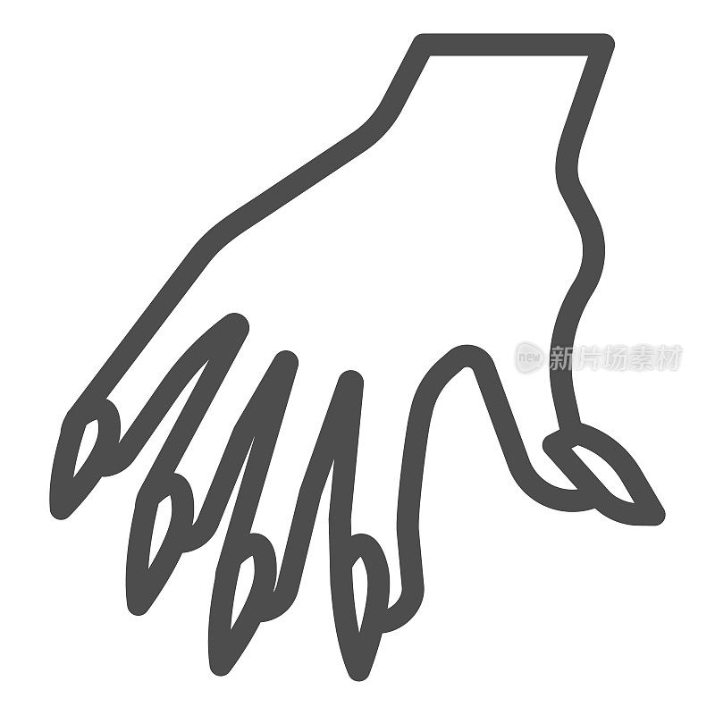 Hand with long nails line icon, halloween concept, witch fingers sign on white background, woman arm icon in outline style for mobile concept and web design. Vector graphics.